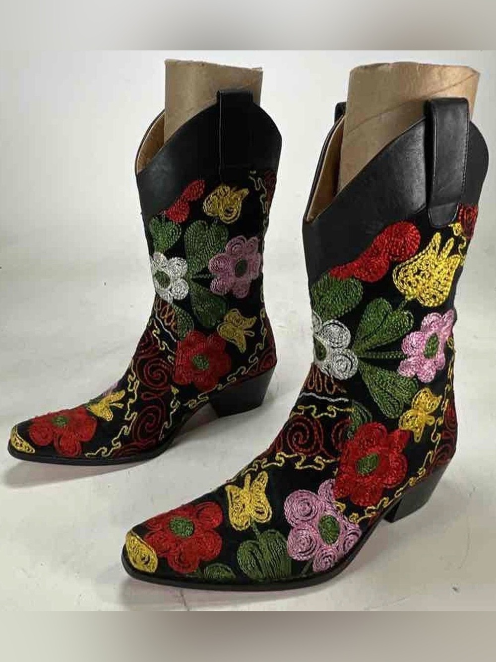Black Floral Embroidered Western Ankle Boots